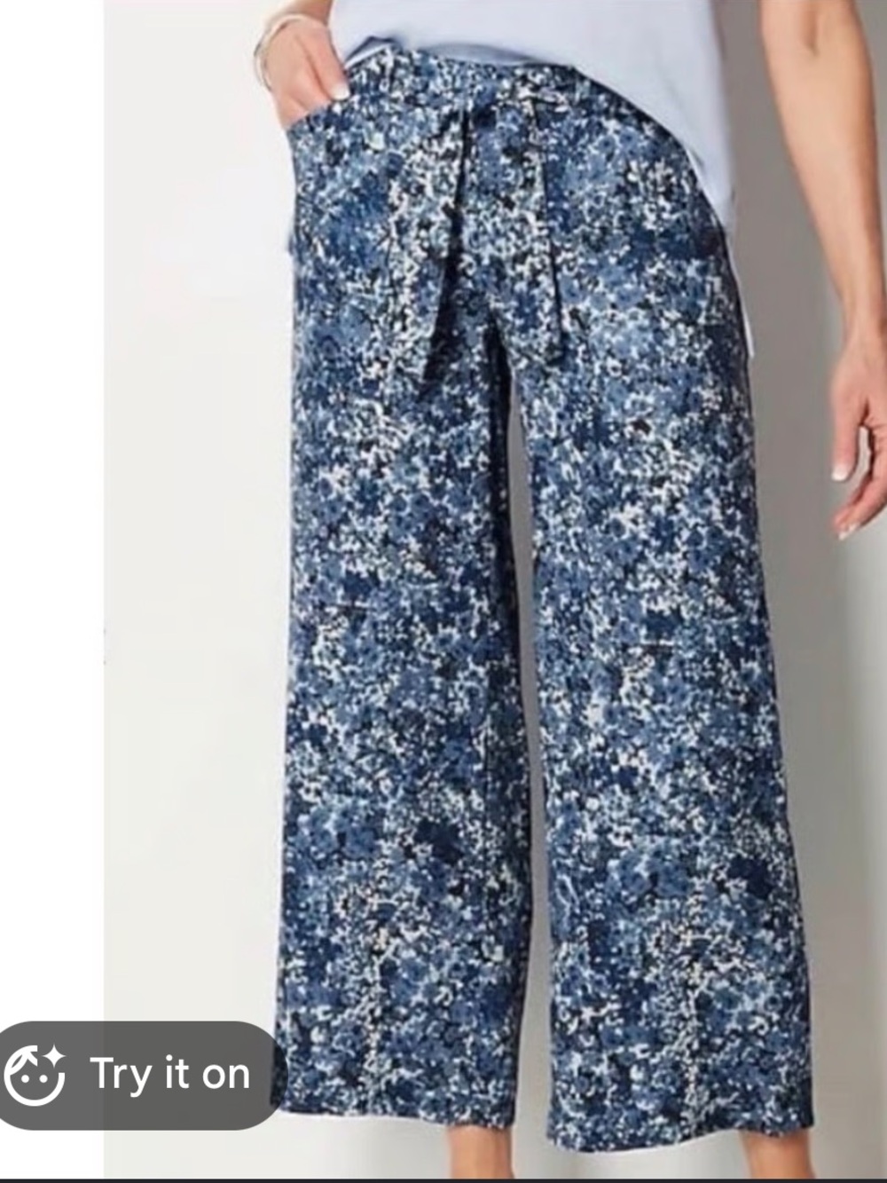 J Jill Blue Floral Wide Leg Crop Belted Pants Lyocell Womens Size Large